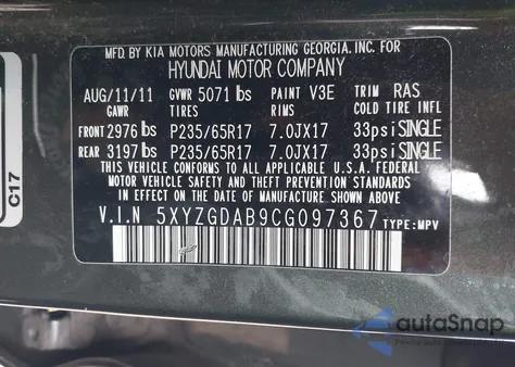 2012 Hyundai Santa Fe Gls z USA, uszkodzony, nr VIN 5XYZGDAB9CG097367